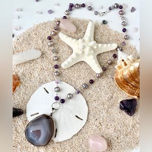 Genuine Lavender Pearl & Amethyst Beaded Necklace with Druzy Agate Pendant